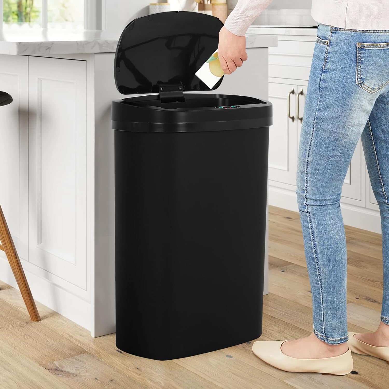 13 Gallon Motion Sensor Kitchen Trash Can, 50L Automatic Sensor Trash Can, Smart Waste Bin with Lid for Kitchen, Bathroom, Bedroom, Home Office, Quiet Open & Easy Clean (Black)