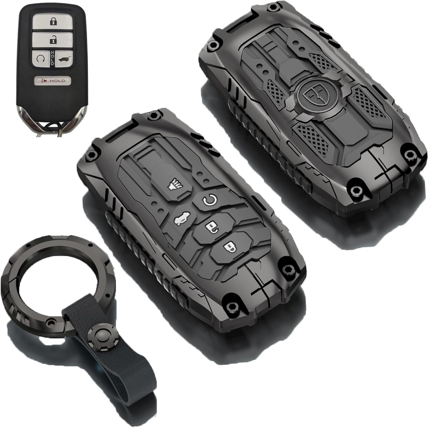 Heavy Metal Key fob Cover for Honda with Keychain,Key fob Case Protection Compatiblew with Honda Accord Civic CRV Pilot Odyssey Passport Smart Remote Key(A-Model-Black)