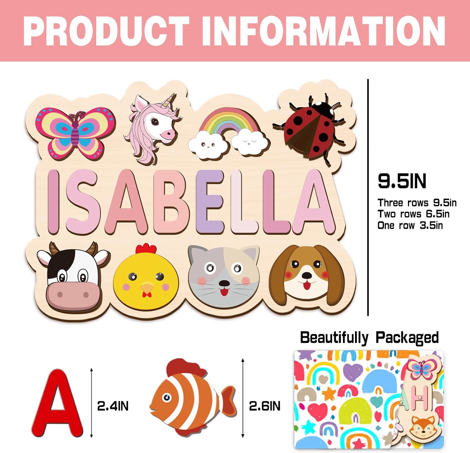 Personalized Name Puzzle for Kids, Customized Wooden Name Animal Puzzle, Baby Gifts, Baby Shower, Montessori Learning Toddler Toys