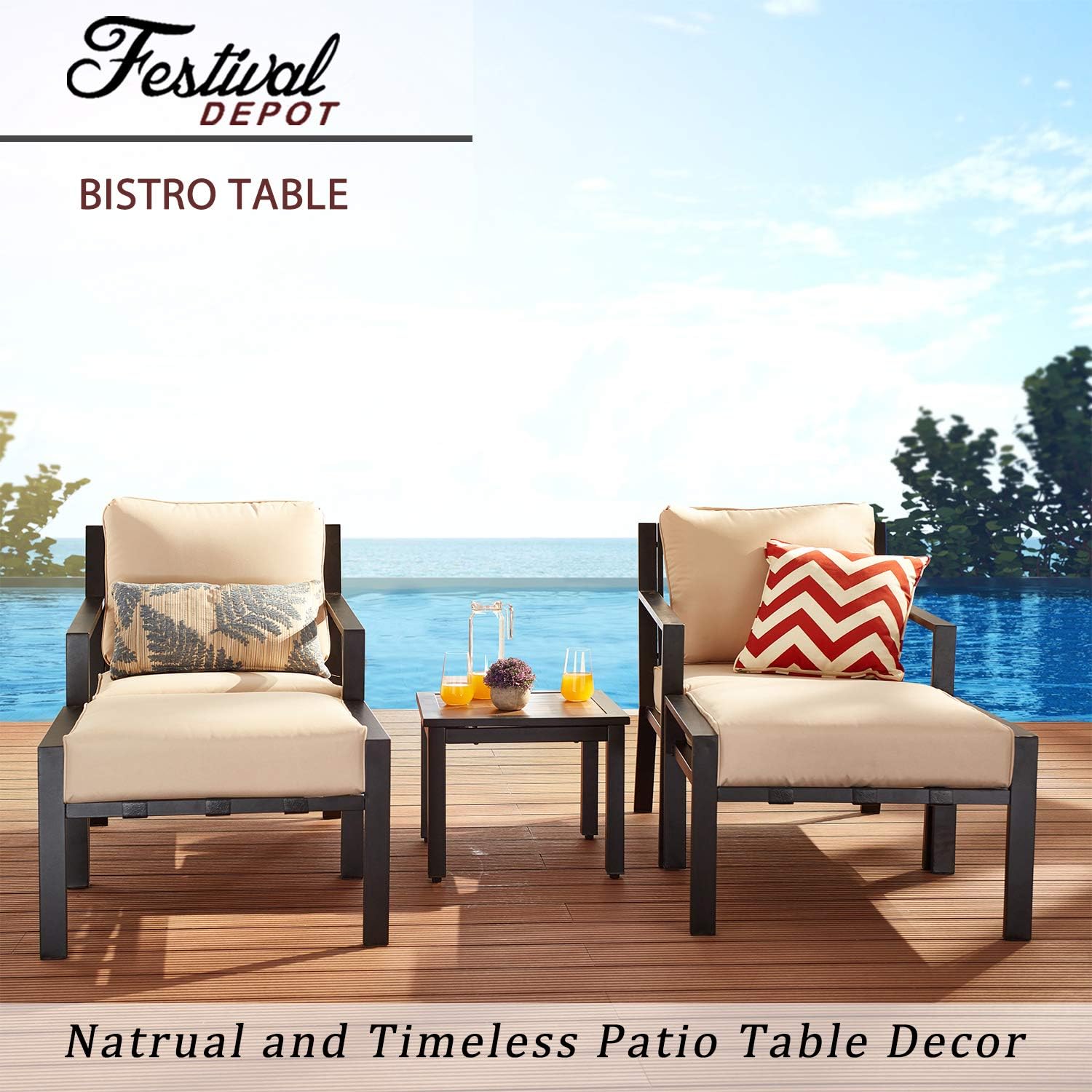Festival Depot Metal Outdoor Square Patio Bistro Dining End Table with Wood-Like Aluminum-Plastic Top and Black Steel Legs (19"x19"x16")