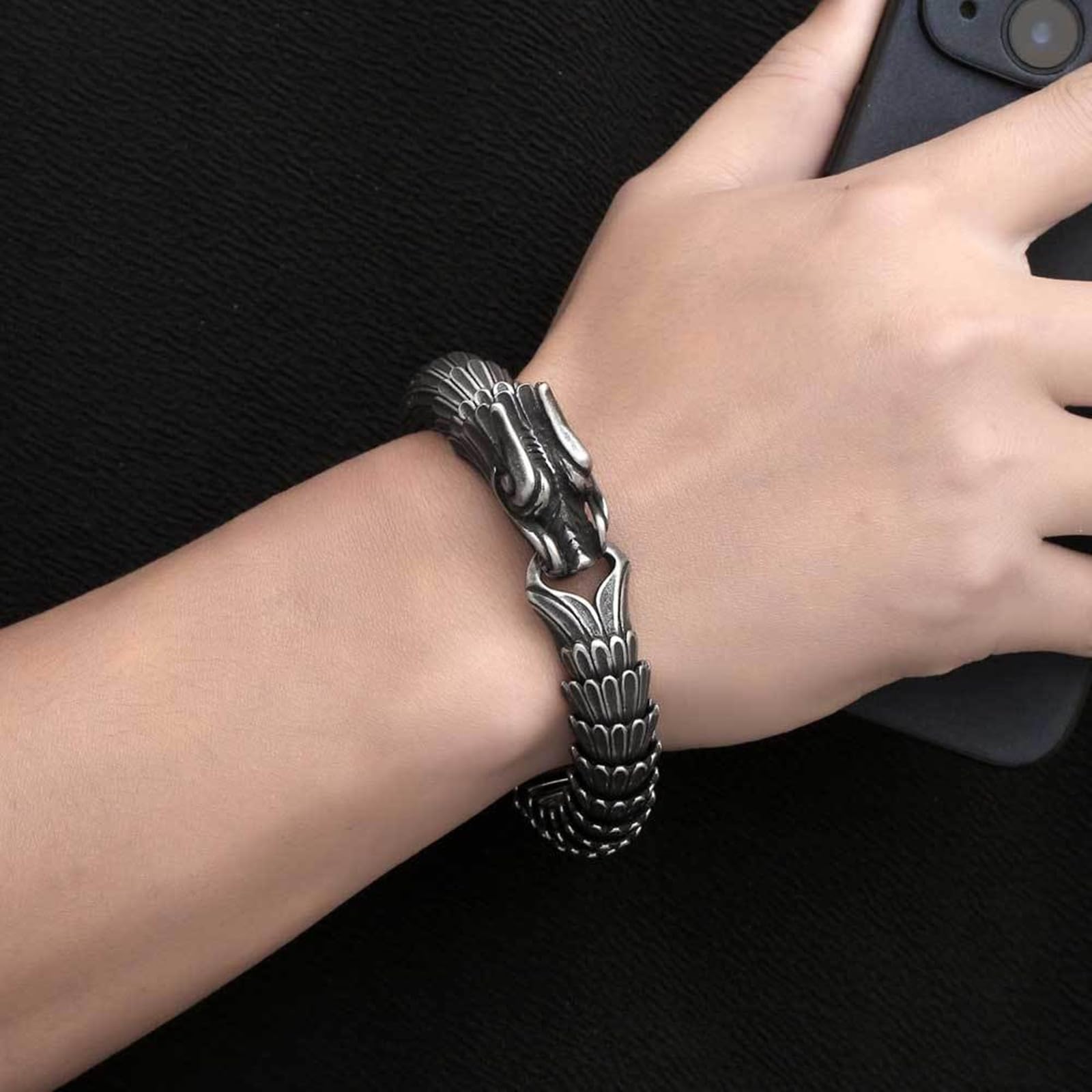 Bracelet Homme Dragon Noir Acier Inoxydable, Chaîne Large 15.2mm Punk Fantaisie