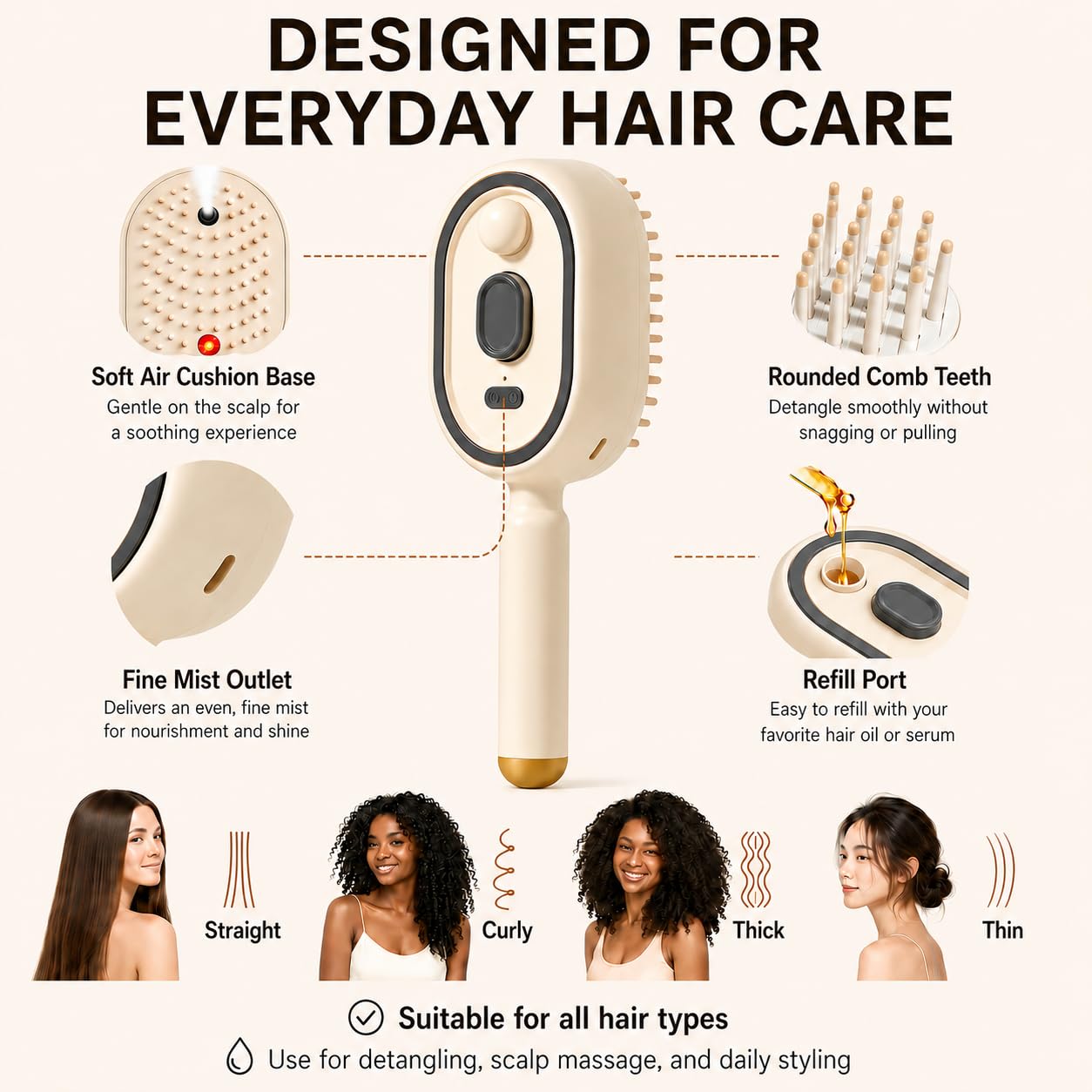 Electric Spray Air Cushion Massage Comb,5-in-1 Electric Spray Cushion Comb Steamer for Hair, Anti-Tangle Self-Cleaning Hair Brush Rechargeable for Hair Care, Scalp Massage, Daily Styling (Beige)