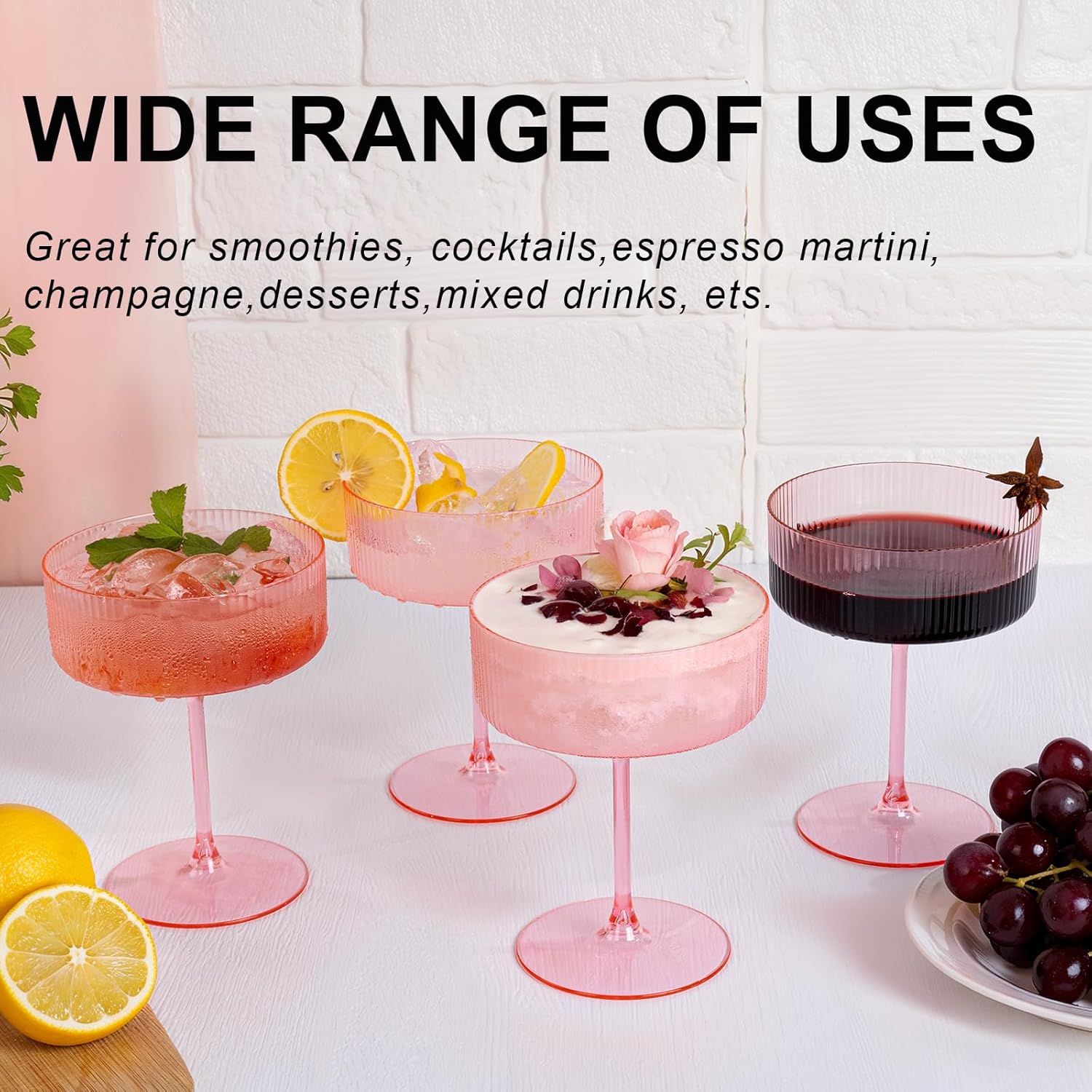 Ciaell 12PCS Plastic Ribbed Martini Glasses - 10 Oz Pink Disposable Coupe Glasses with Stem - Heavy Duty Margarita Cups for Bars, Cocktails, Whiskey, Parties & Wedding & Valentine's Day - Image 3