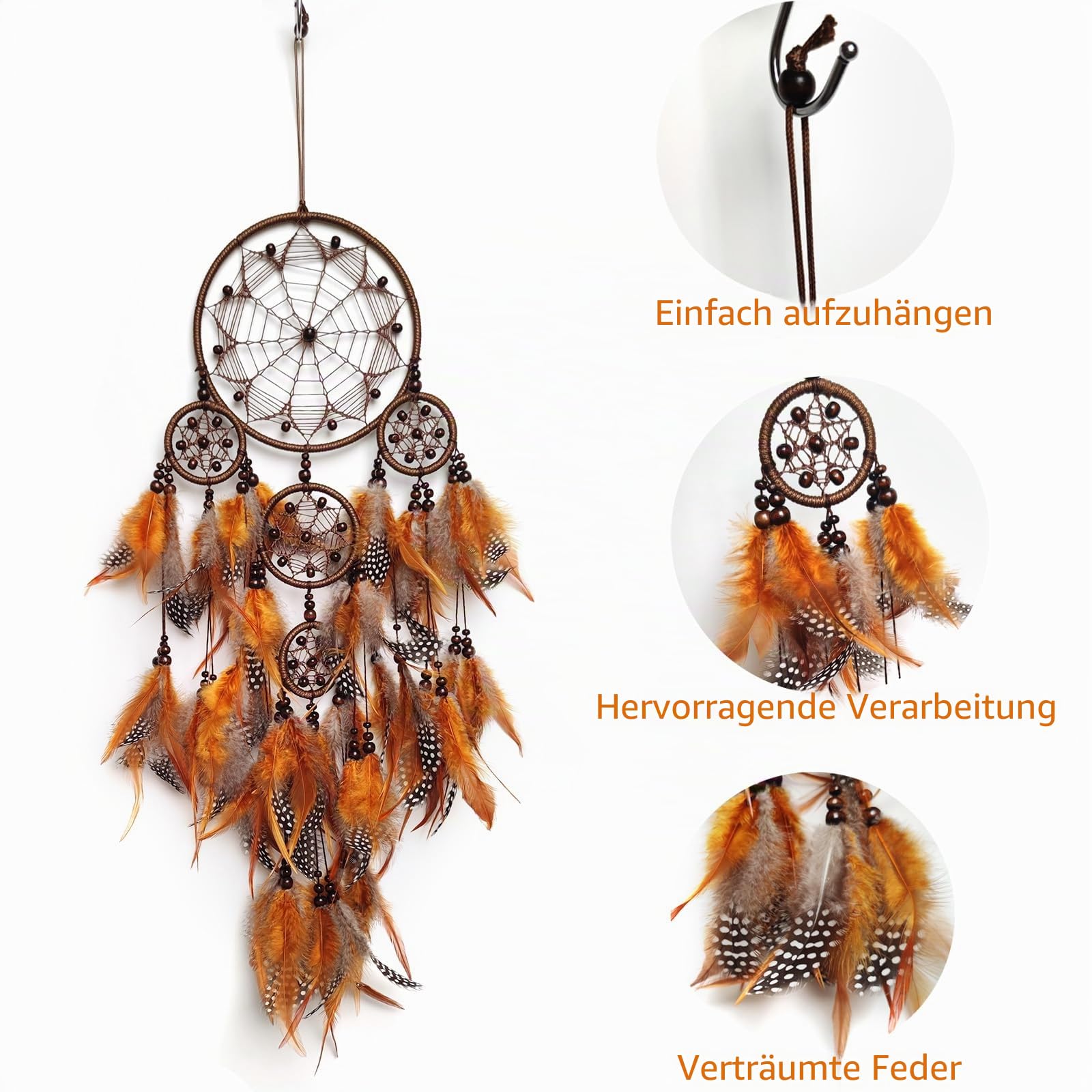 Donko Großer Traumfänger, Wanddekoration, brauner Feder-Traumfänger mit Holzperle, handgefertigter Wandbehang, Ornament für Schlafzimmer, Wohnzimmer, Heimdekoration | Handgefertigt, Wanddekoration, Wandbehang, Ornament, Schlafzimmer, Wohnzimmer, Heimdekor