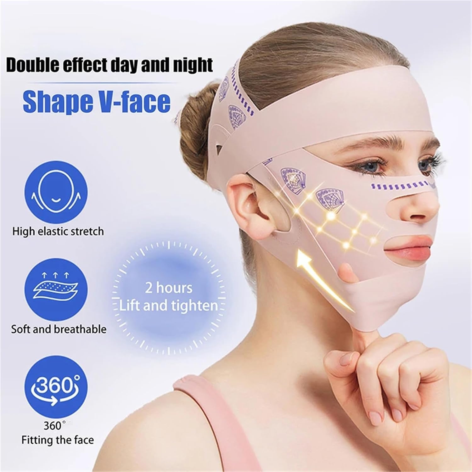 Facial Slimming Strap Double-deck Face Slimming Bandage Lifting Belt V Line Strap Double Chin Tightener Slim Facial Mask Tool(Pink)