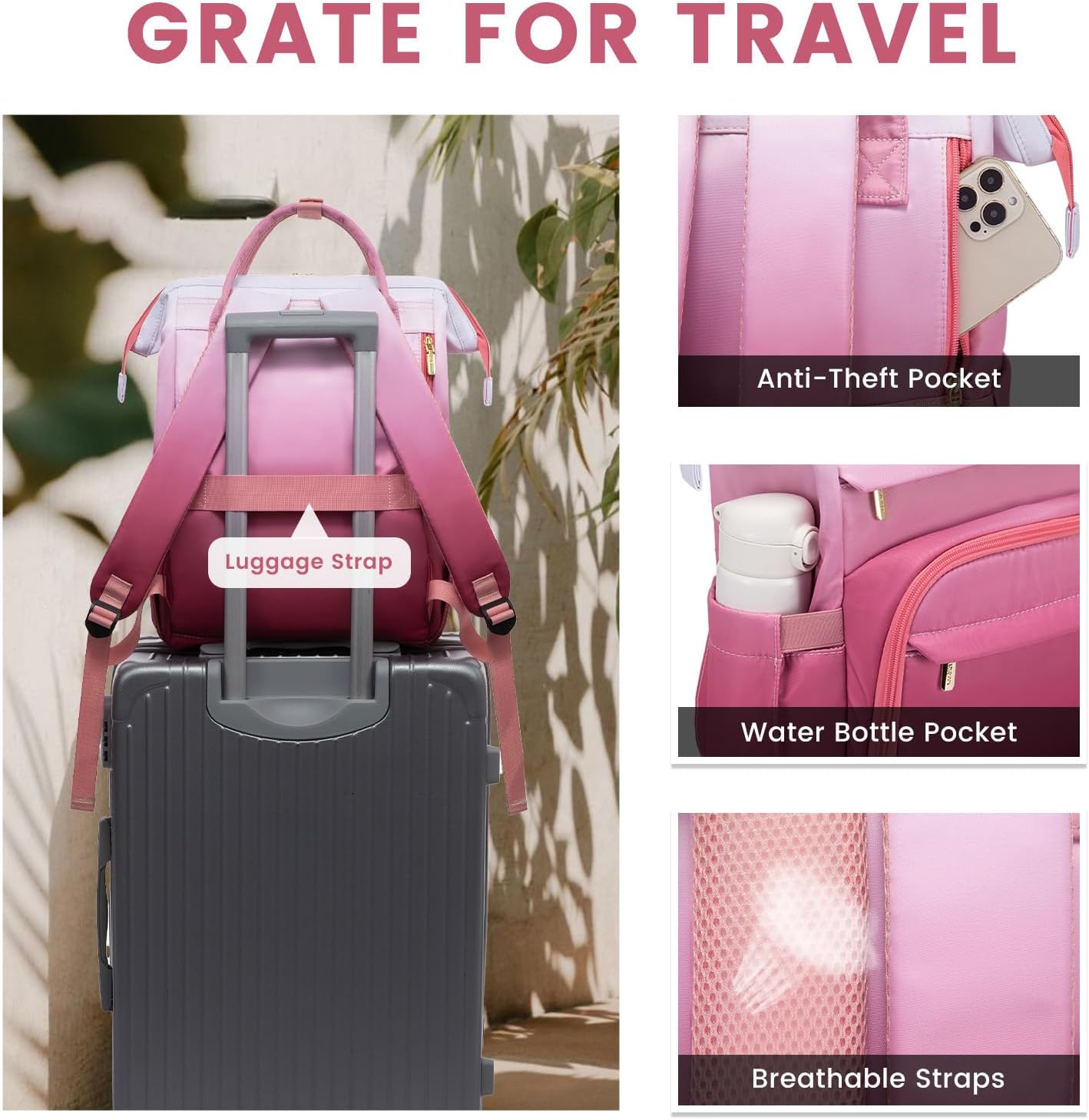 LOVEVOOK Gradient Laptop Backpack for Women,15.6 Inch Work Computer Bakcpack Purse Laptop Bag With Anti-Theft Pocket,Waterproof Carry on Teacher College Backpack for Travel,Pink-White - Image 6