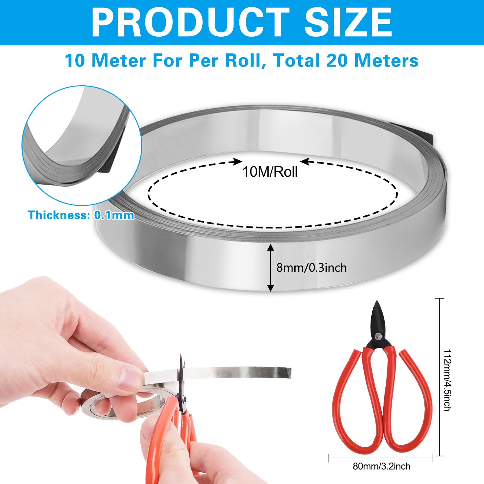 20m Nastro In Nichel, 8 x 0,12mm Striscia di Nichel Puro con Alta Conduttività, Saldature a Punti per Piattina Nickel per 18650 Batterie, Nichel Striscia per Lavorazioni Artigianali (10M/Rotolo)