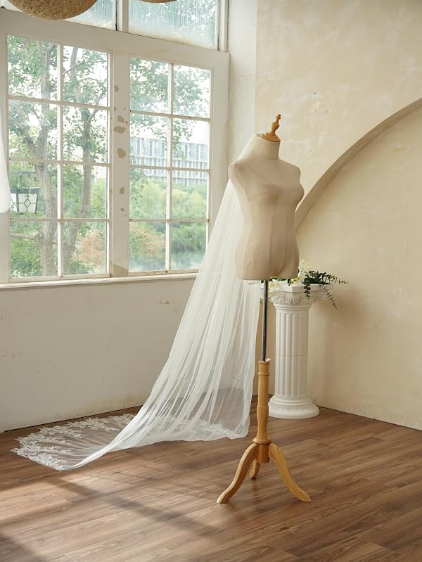 AiberLisha Chapel Length Sequin Lace Floral Wedding Bridal Veil with Comb White by AiberLisha - Image 6