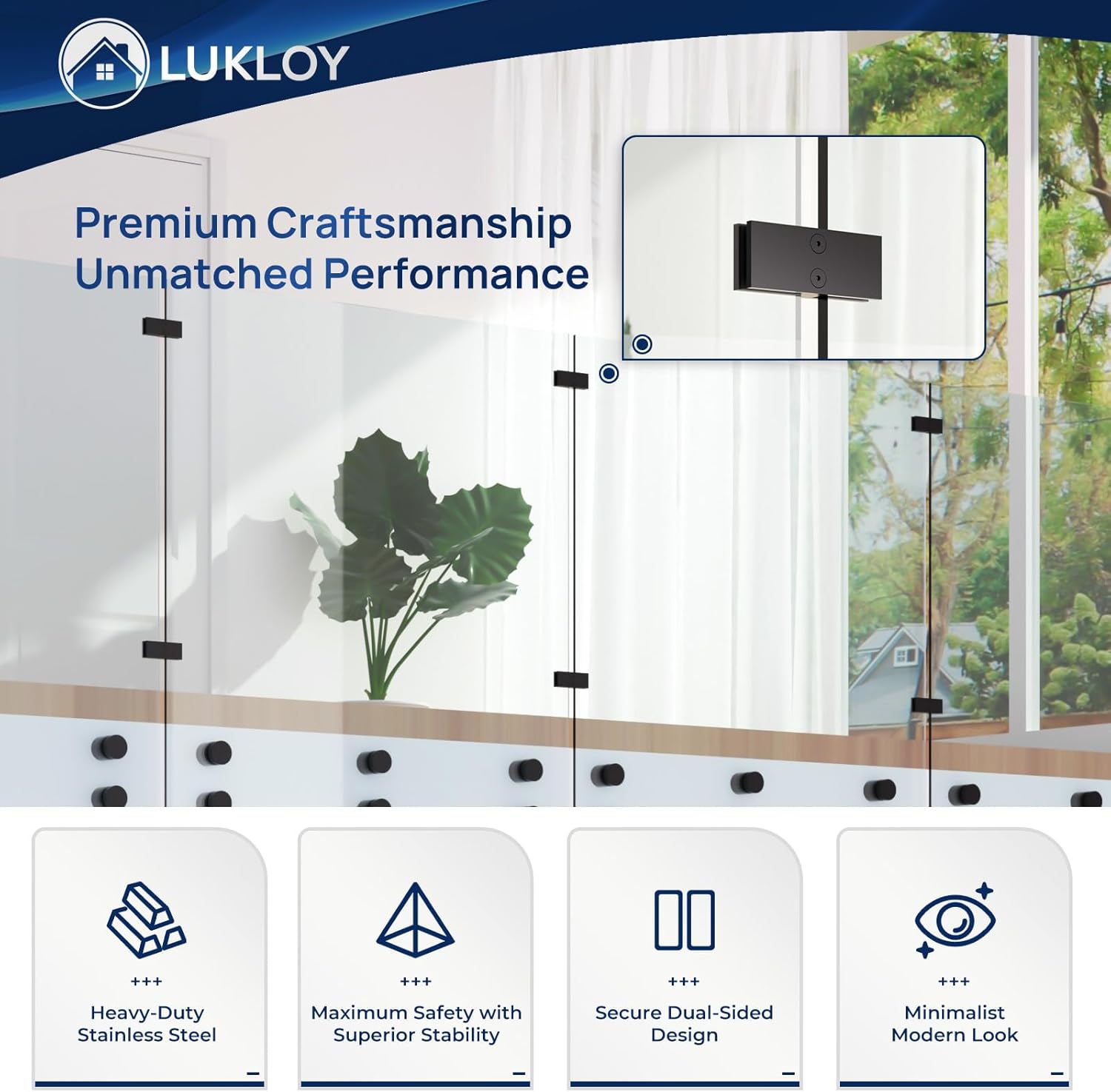 LukLoy 1 Pack 180 Degree Railing Glass Clamp with 6 Pack F Shape Wall to Clamp, Black Stainless Steel 304 Clips Bracket for Glass Balustrade Railing Pool Fence Balcony