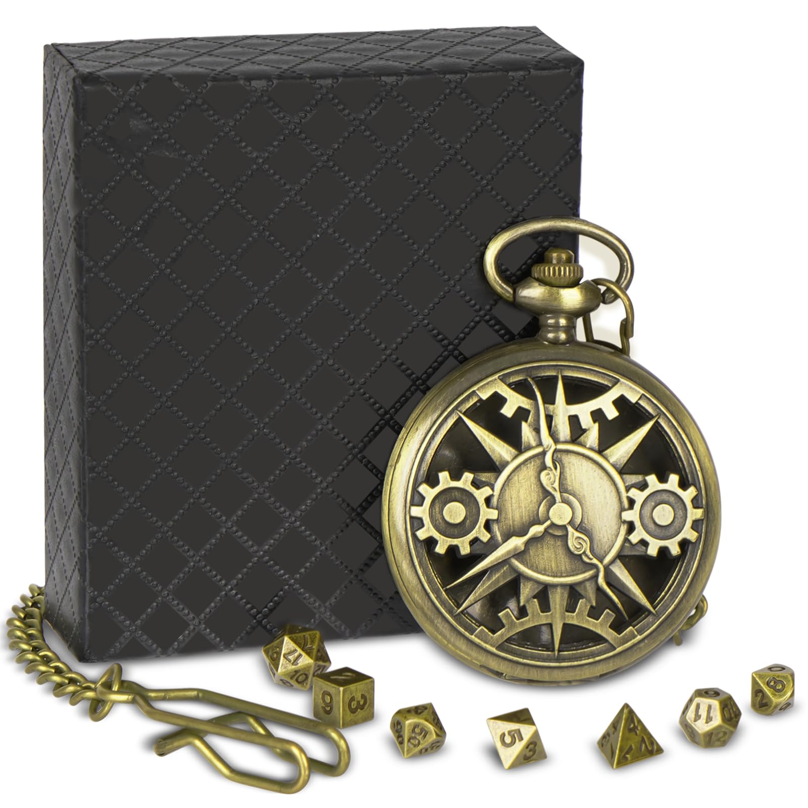 Suprbee Mini Juego de Dados DND con Funda de Bronce Steampunk Gear Reloj de Bolsillo, Metal Dados de rol, Dados D&D Metálicos Poliédricos de 7 Piezas con Caja de Regalo y Dos Collares