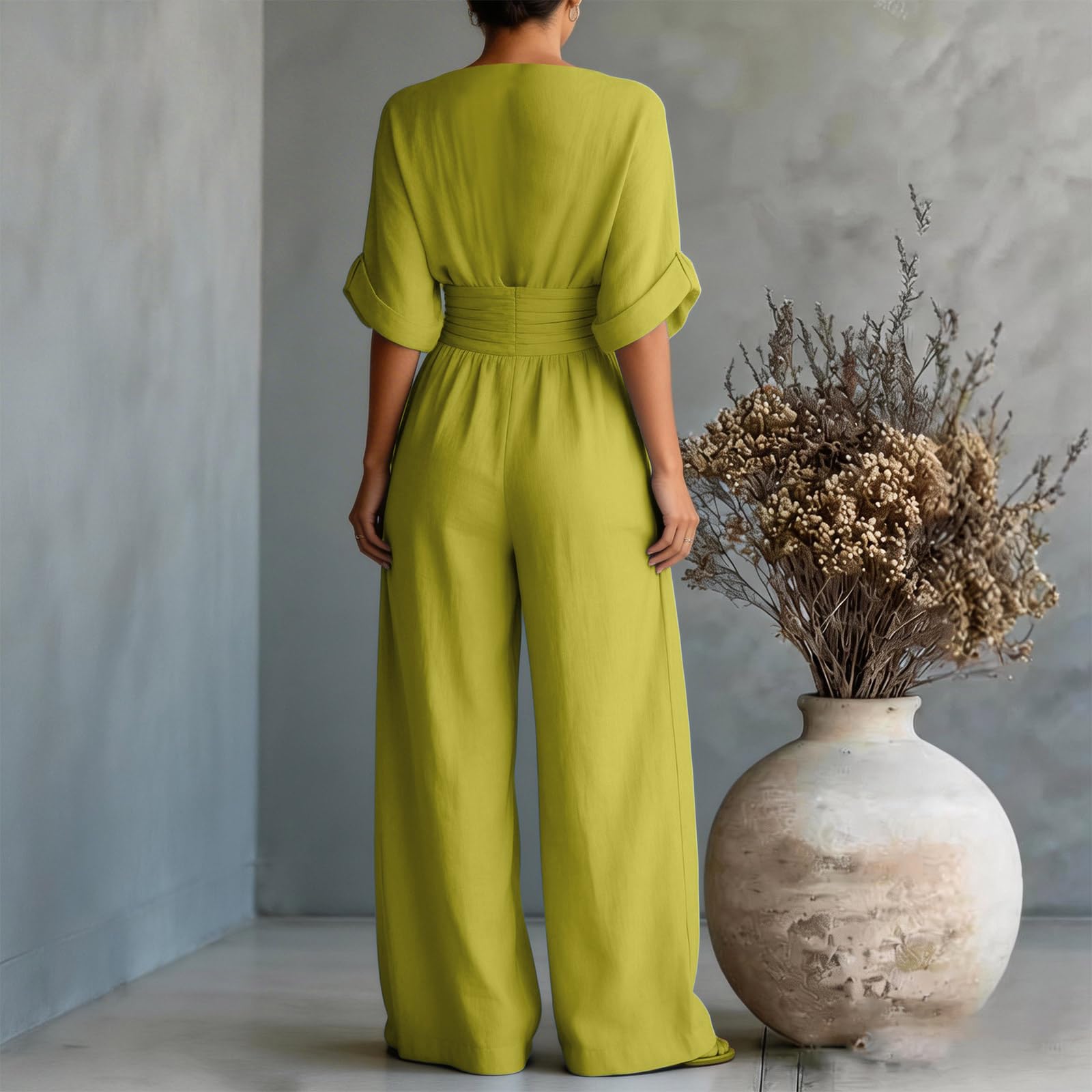 Jumpsuit Damen Sommer Elegant Mit Ärmel Overall Festlich Lang Tailliert Hosenanzug Hochzeitsgast Weites Bein Jumpsuits V Ausschnitt Buisness Romper Frauen Halbarm mit Tasche Sommer Playsuit