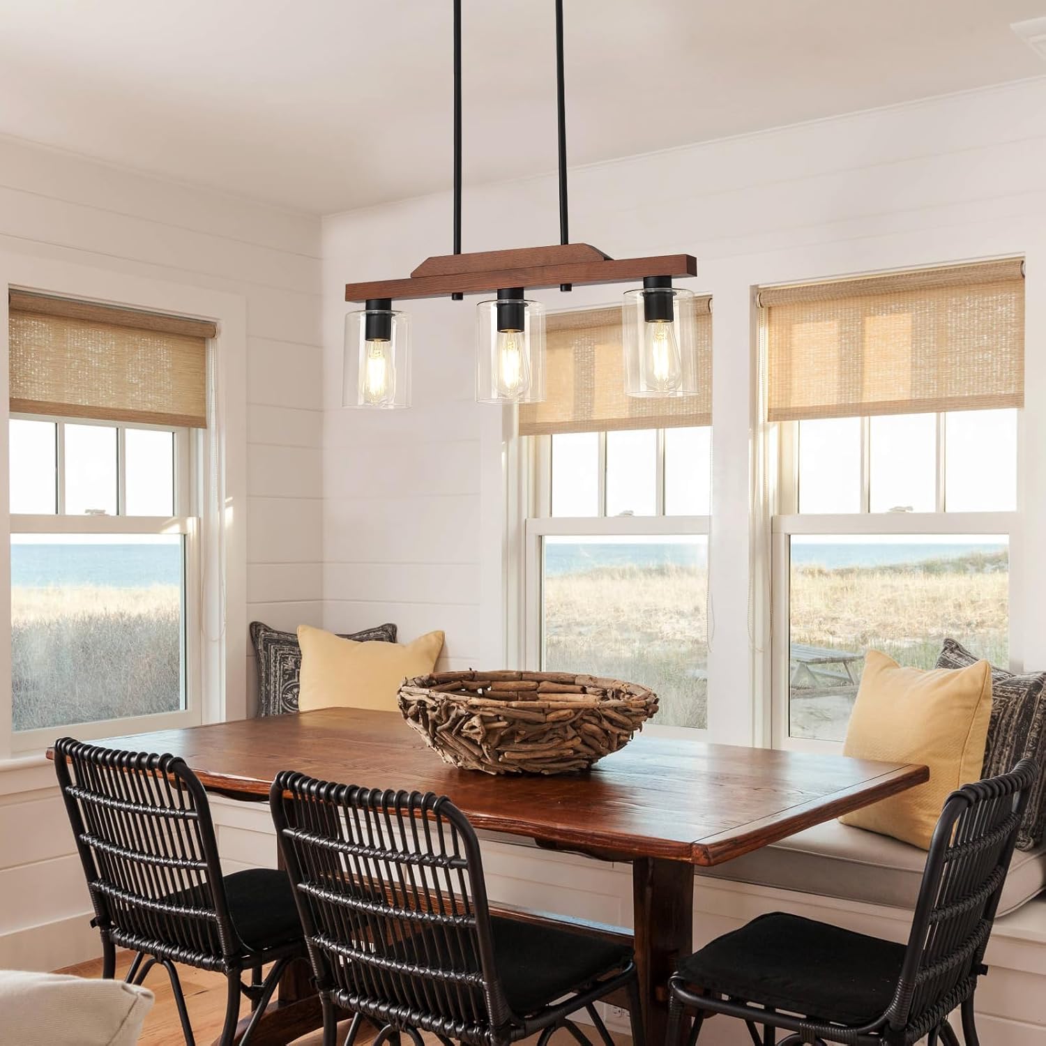 Dining Room Light Fixture,3-Light Rustic Wood Kitchen Island Chandelier Farmhouse Linear Pendant Light Ceiling Hanging for Bar Cafes Pool Table Foyer UL Listed