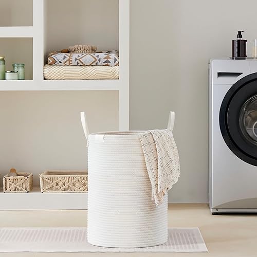Miniatura 7 de VIPOSCO Cesta alta para ropa sucia, cesta grande para ropa sucia con mango de cuero, cesta de almacenamiento de cuerda tejida para manta, juguete en