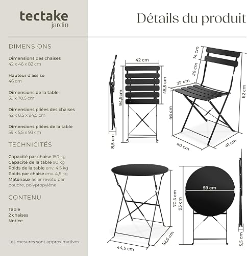 tectake® Bistro Set with 1 Garden Table & 2 Chairs, Foldable Design with Stylish Slats, Steel Frame, Floor-Protective & Non-Slip Feet, No Assembly - Garden Furniture for Patio & Balcony - Black - 6