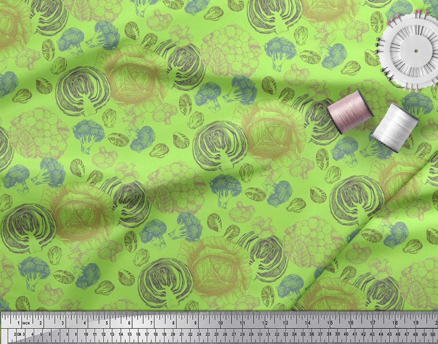Soimoi Rayon Green Fabric - by The Yard - 42 Inch Wide - Cauliflower & Broccoli Vegetable Bounty Material - Fresh and Nutrient-Rich Patterns for Kitchen Decor Printed Fabric