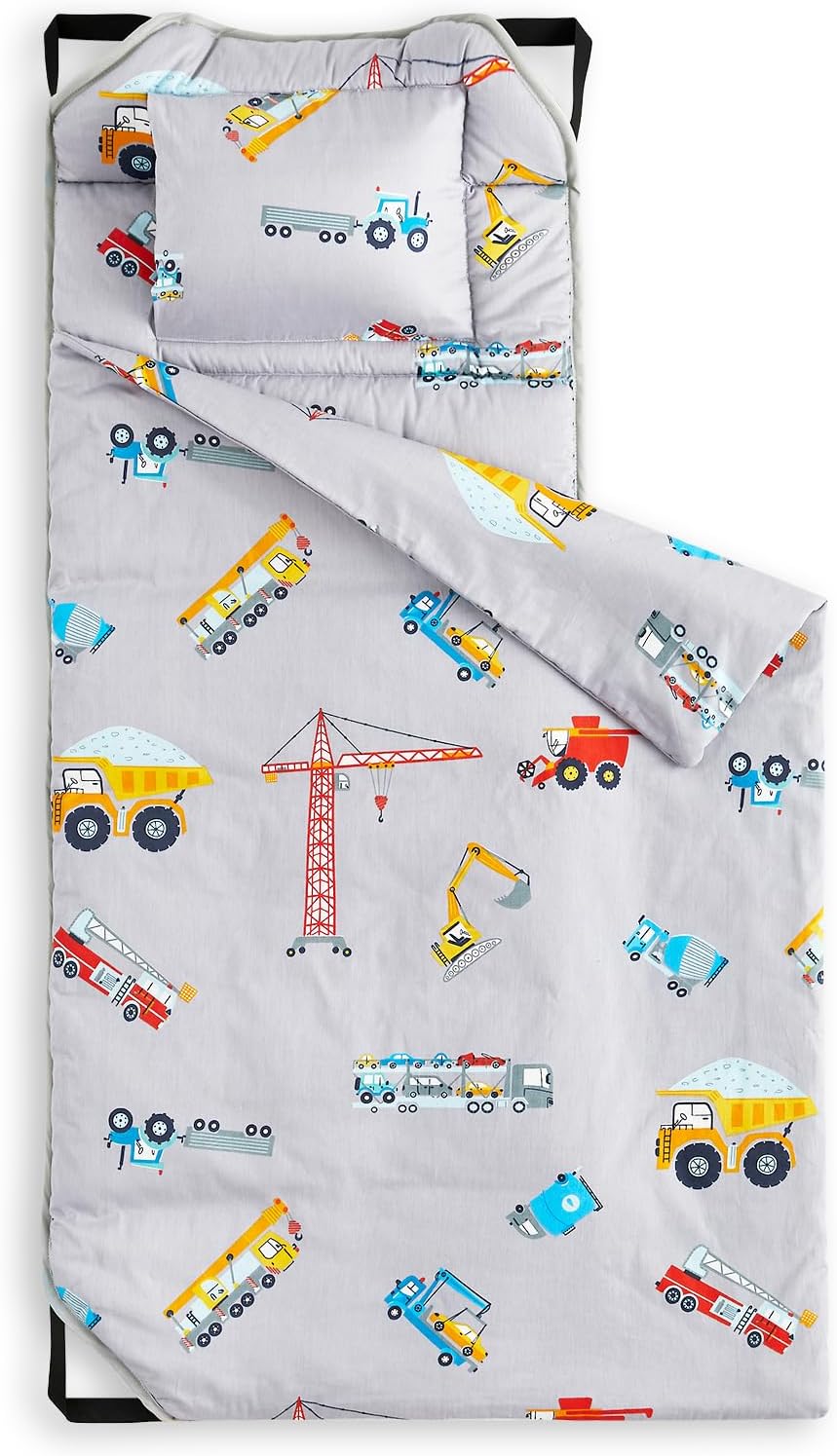 Wake In Cloud - Cot Nap Mat with Pillow and Blanket, 100% Cotton Fabric, for Toddler Kids Boys Ages 3 Plus in Daycare Kindergarten Preschool with Elastic Corner Straps, Cars Cranes Trucks