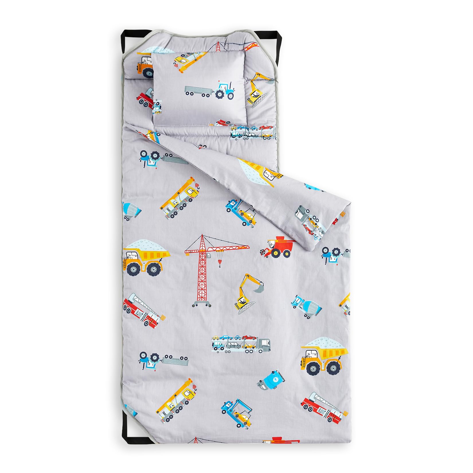 Wake In Cloud - Cot Nap Mat with Pillow and Blanket, 100% Cotton Fabric, for Toddler Kids Boys Ages 3 Plus in Daycare Kindergarten Preschool with Elastic Corner Straps, Cars Cranes Trucks