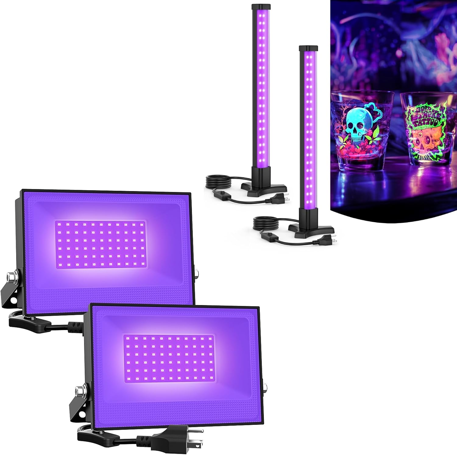 Onforu 2 Pack 30W LED Black Lights and 2 Pack 15W Black Light Bar, Blacklight Flood Light with Plug,for Halloween Party, Glow in The Dark, Stage Lighting, Aquarium, Body Paint, Fluorescent Poster