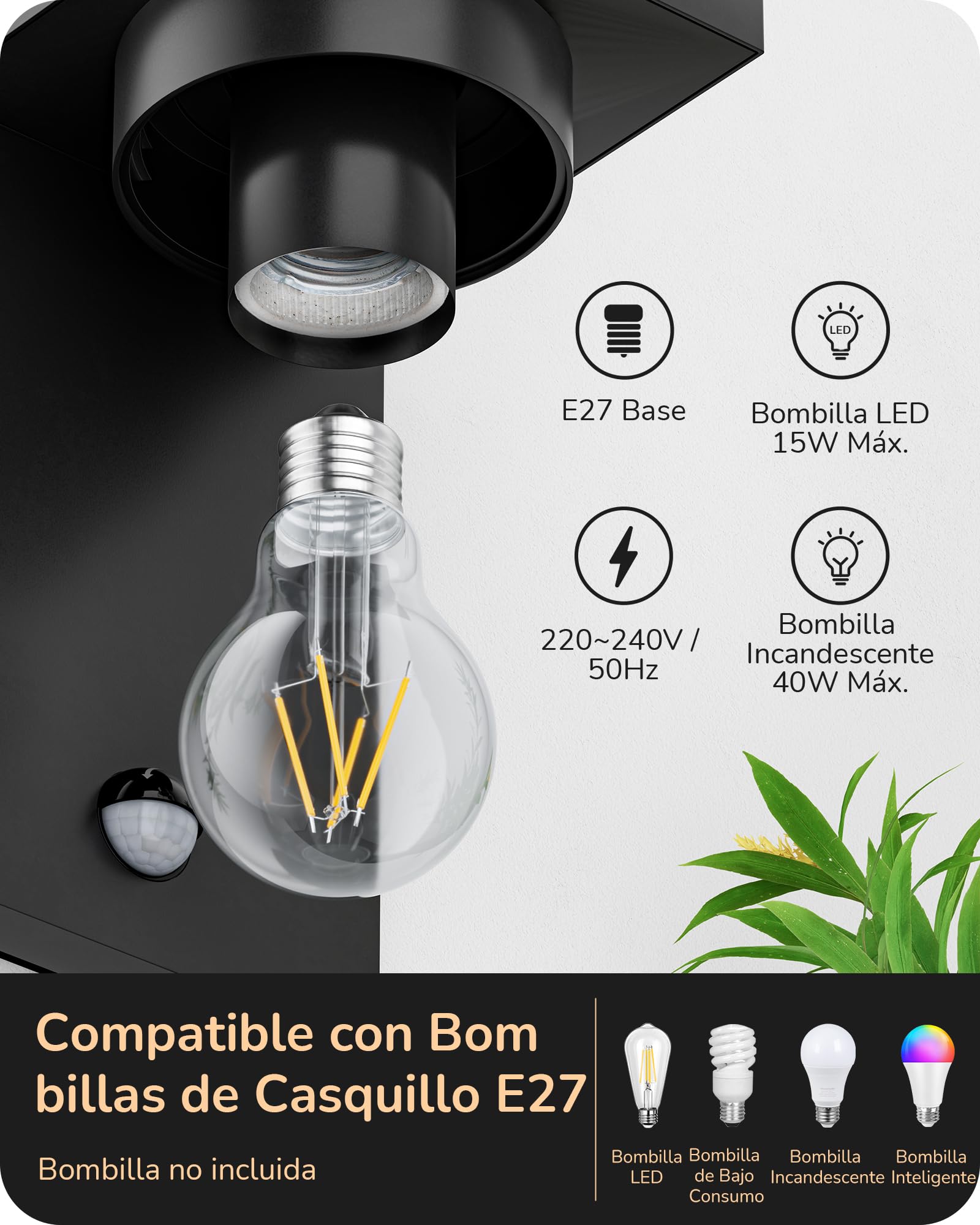 EDISHINE Aplique Exterior, Sensor Movimiento, Cristal Transparente, Negro | Casquillo E27, Impermeable IP44, Carcasa de Aluminio, Sin Bombilla, ideal para Puerta de Entrada y Fachada