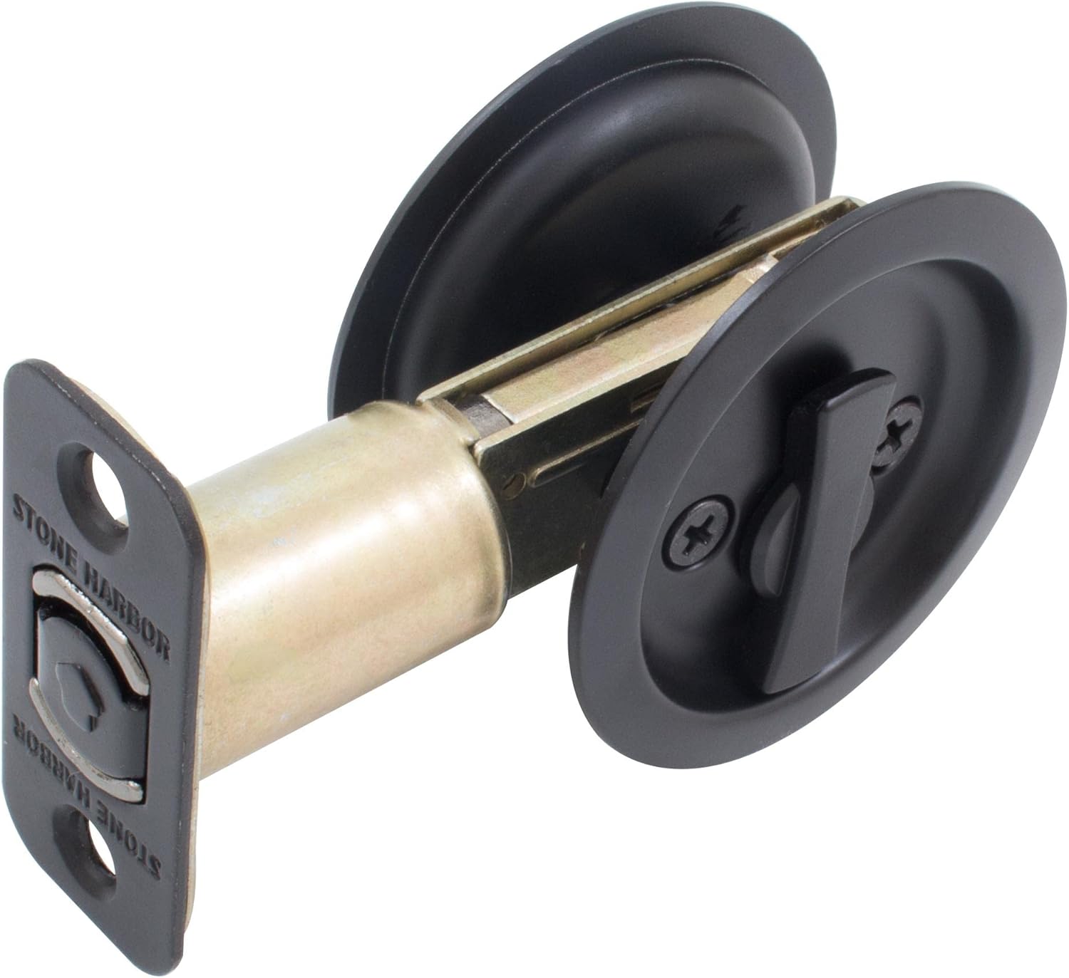 Round Pocket Door Lock, Privacy (Bed/Bath) Latch, 2-3/4" Backset, RCL, Matte Black by Stone Harbor Hardware