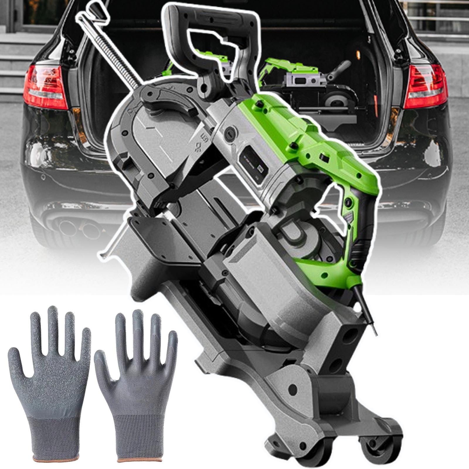 Sega A Nastro Con Base +Ruote,Sega A Nastro Per Tagli Profondi Da 1100w+Guanti,Taglio Automatico Multiuso Con Luce Led/Manopola Regolazione Continua,Pieghevole Per Riporre Gli Utensili,Green
