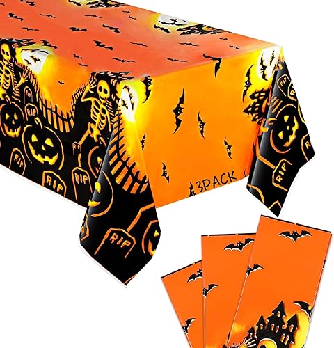 Reofrey Mantel de mesa de Halloween para casa encantada, 3 piezas, mantel de calabaza de Halloween, mantel cuadrado, mantel de plástico desechable