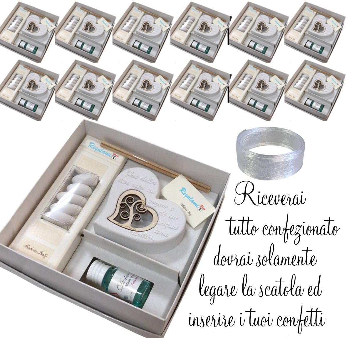 Regalami.shop 12 bomboniere profumatore in marmo di carrara e legno naturale con scatola, nasctro, bigliettino, portaconfetti ed essenza alla lavanda (set 12)