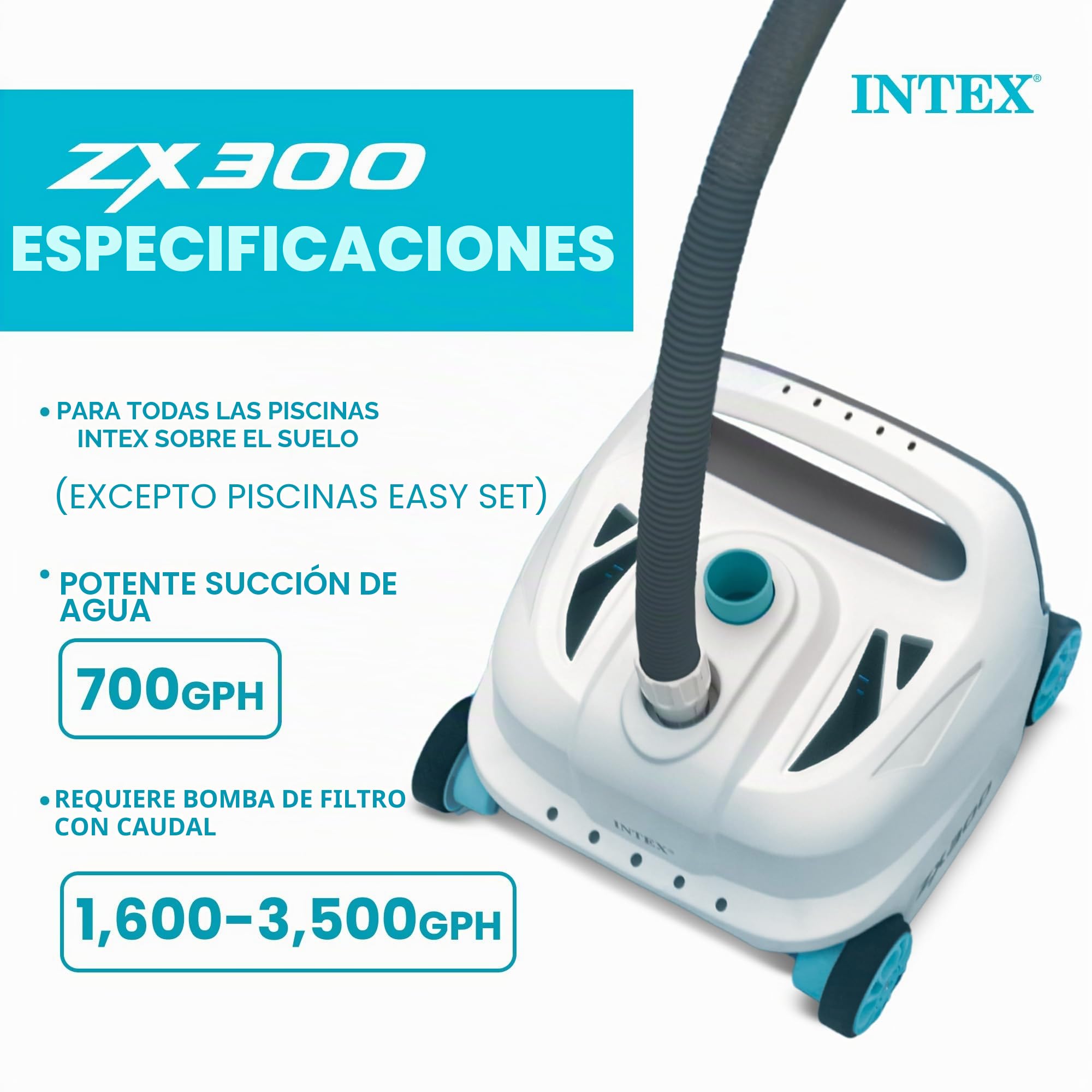 Intex 28005E ZX300 Deluxe - Limpiador automático de Piscinas, Color Gris | 28005E - Para piscinas grandes sobre el suelo - Succión de agua - Flujo de bomba requerido: 1.600 - 3.400 GPH