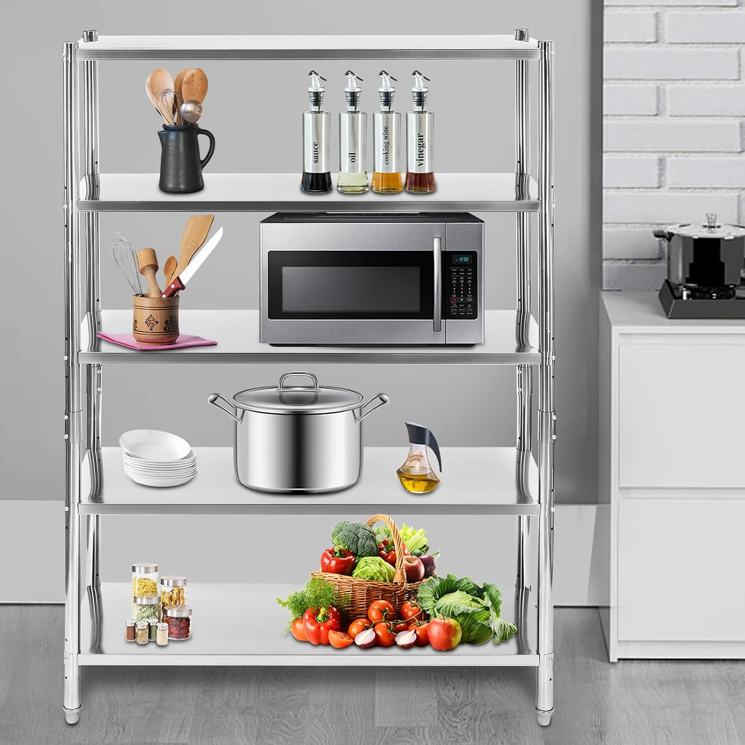 Stainless Steel Shelving, 5 Tier Utility Bakers Racks, Adjustable Shelf Storage, Heavy Duty Shelving for Kitchen Commercial Office Garage Storage, Laundry Room Organization (5-Tier 47*18*71in)