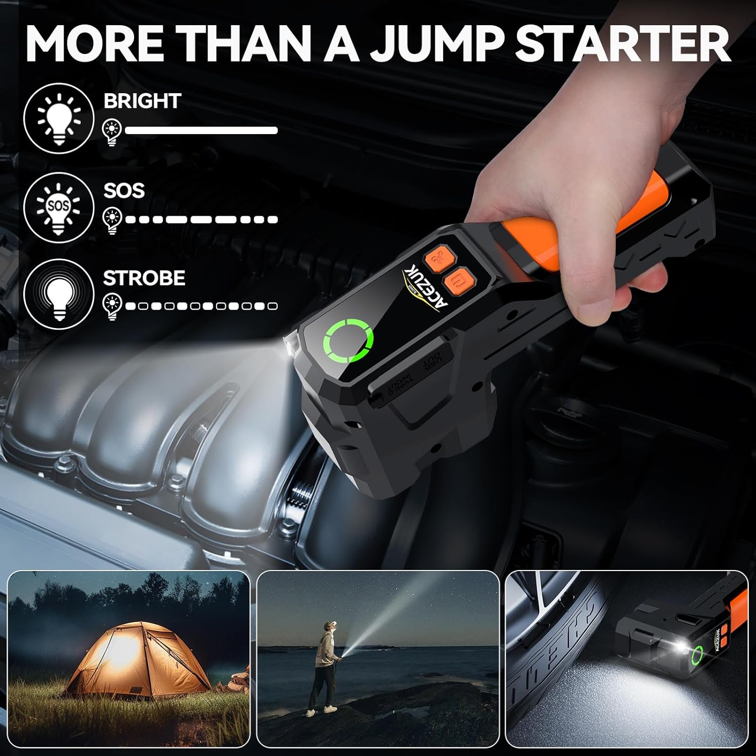 ACEZUK M04-US Jump Starter's LED flashlight in use, showing different modes