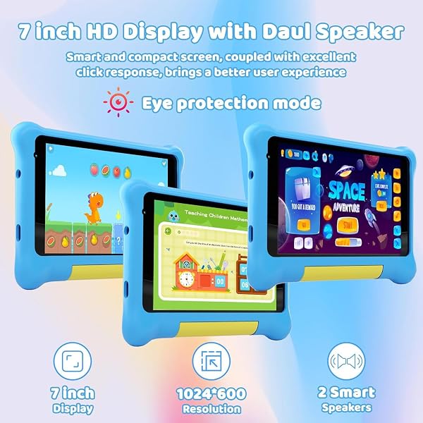 Whitedeer 7 Inch Kids Tablet, Android 13 Tablet for Kids, 5GB+32GB+128GB, Pre-installed kids Apps, 1024x600, 2500mAh, 0.3MP+2MP Dual Camera, WiFi 6, BT5.2, Android Tablet with Shockproof Case(Blue) - 4