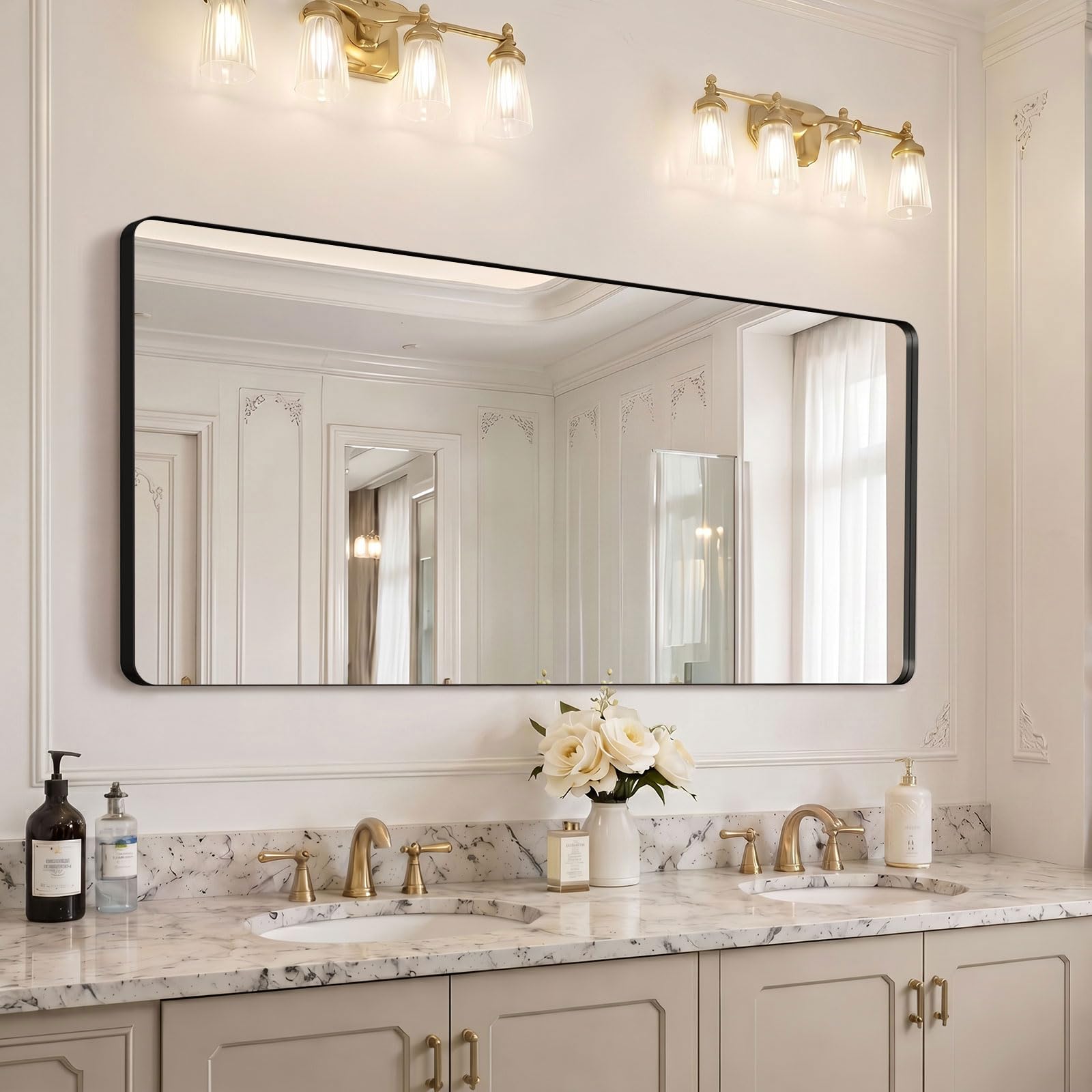 Kosmonia 60x28 inch Black Bathroom Mirror Metal Framed Rounded Rectangle