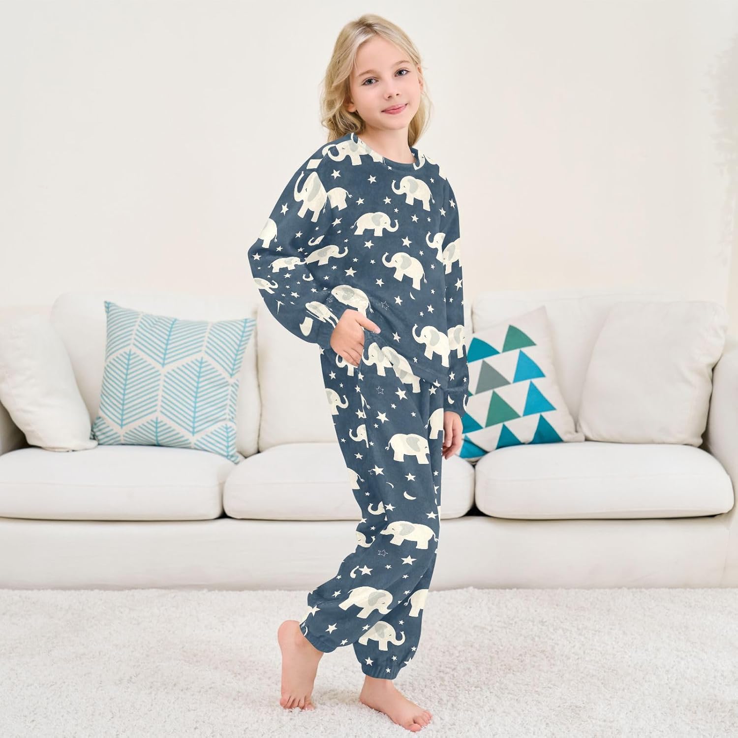 Kids Flannel Sets Little White Elephant and Stars Warm Plush Relaxed Clothing for Boys and Girls