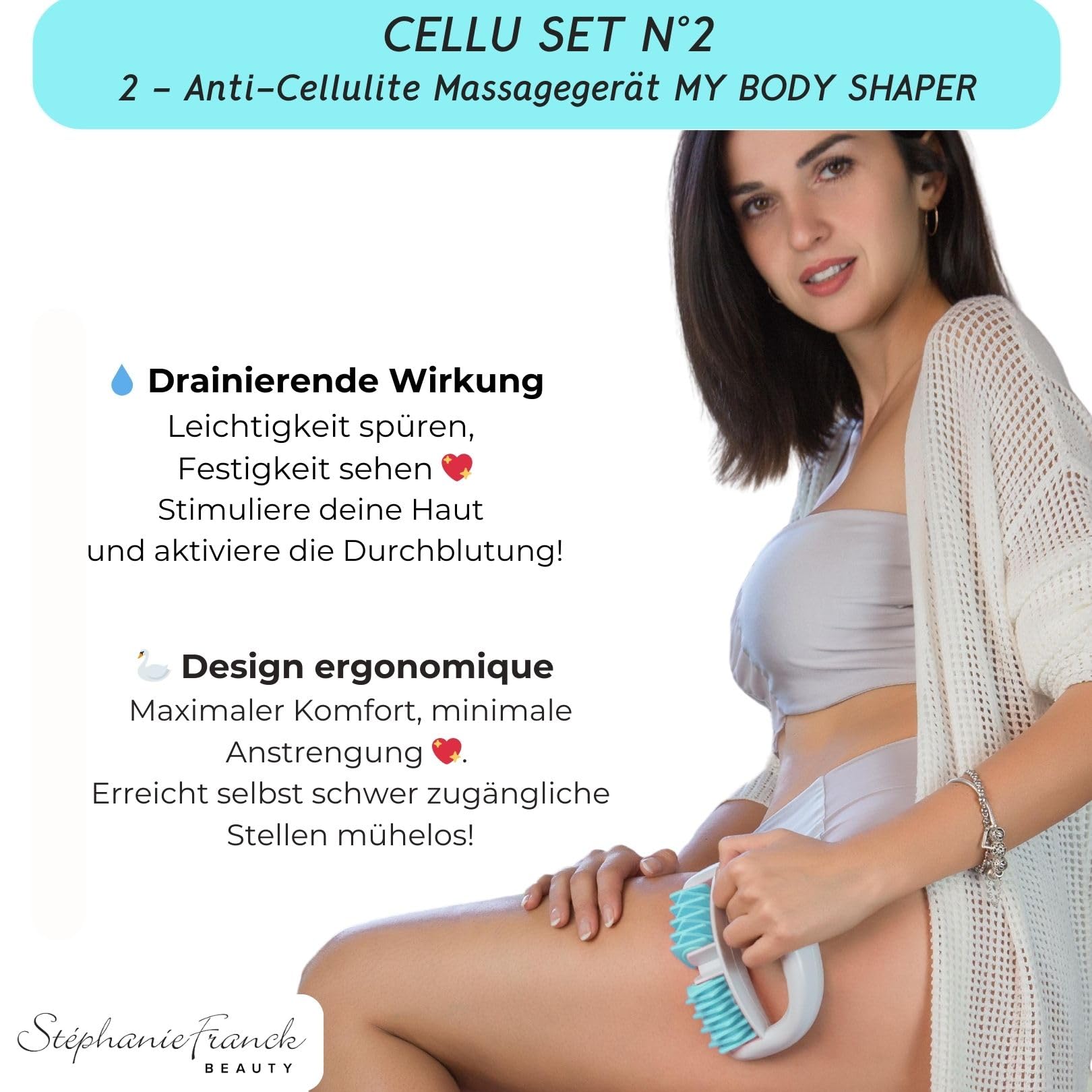 Cellulite Massage Set N°2 - enthält 1 My Body Shaper Massageroller, 2 My Cellu Shaper Silikon Cups (5,5 cm), und 1 Yoga Band - Für straffe Haut (Türkis)