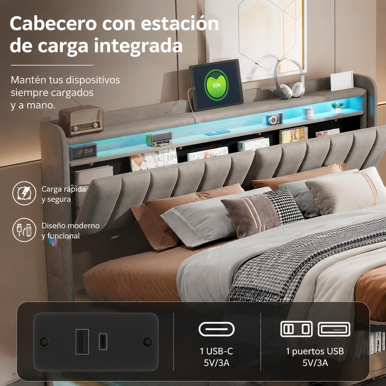 Cama Matrimonio Cama 140x200 cm con USB y Iluminación LED, Camas matrimoniales con Almacenamiento Hidráulico, Cama tapizada con Somier de Láminas (Gris-a, 140x200 cm)