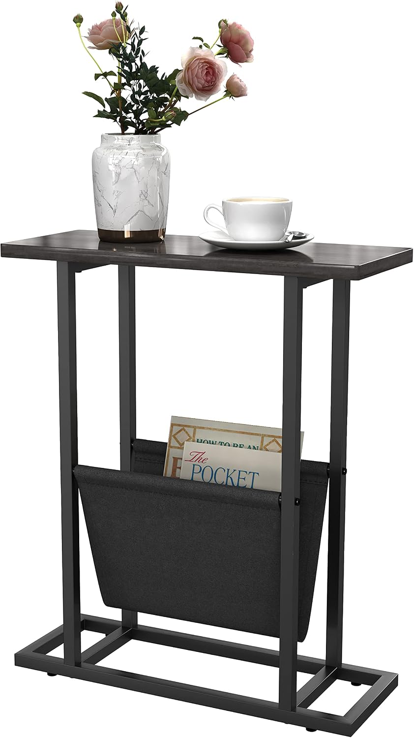 Gadroad Narrow End Side Table, Vintage Sofa Couch Table with Pocket, C Shaped Table for Coffee Snack Laptop