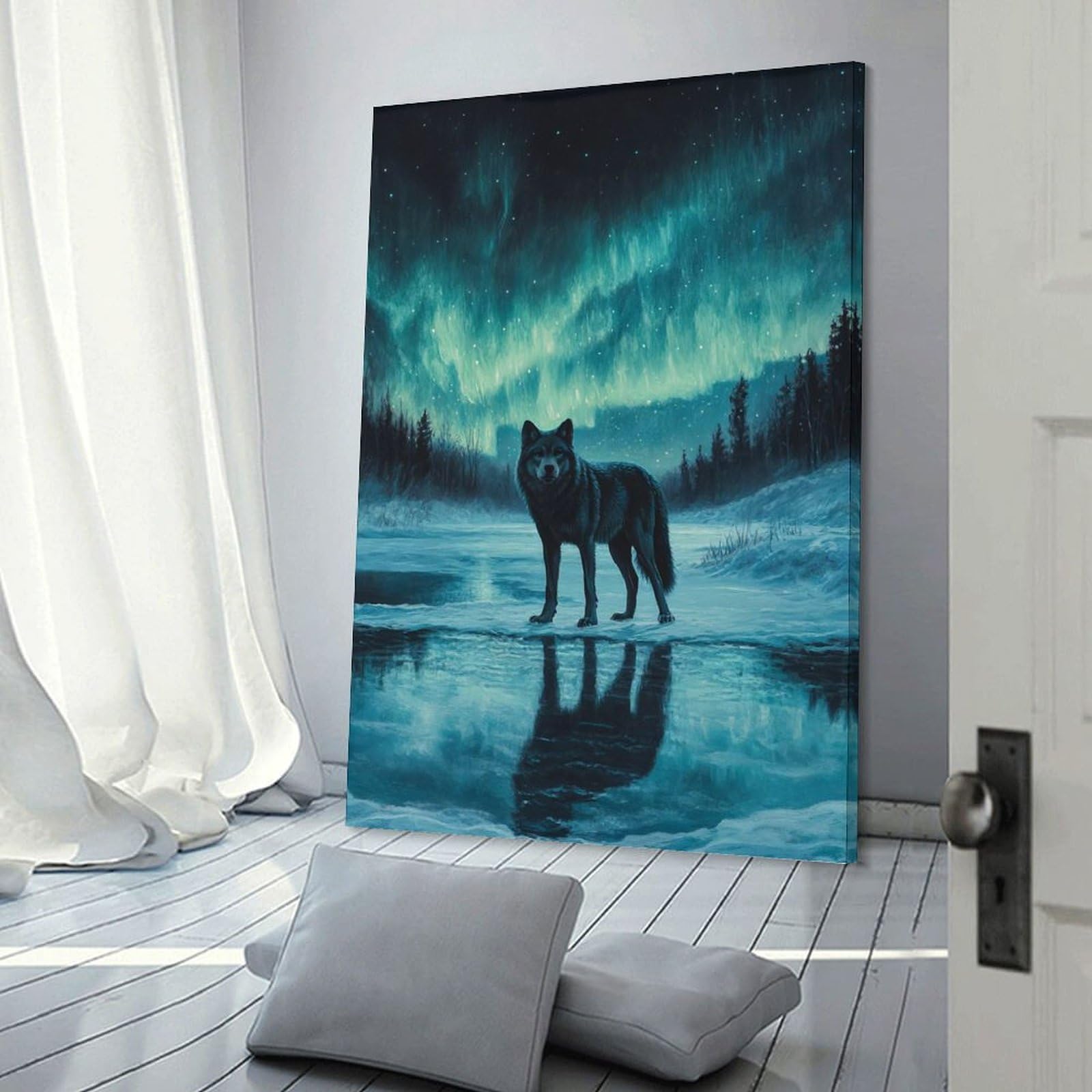 Junmoney Frame-Style-23 Wolf Under Aurora Borealis Decorative Wall Artwork, 24X36inch(60X90cm), For Living Spaces, Bedrooms Or Relaxed Rooms, Modern Wall Decor For Cosy Interiors