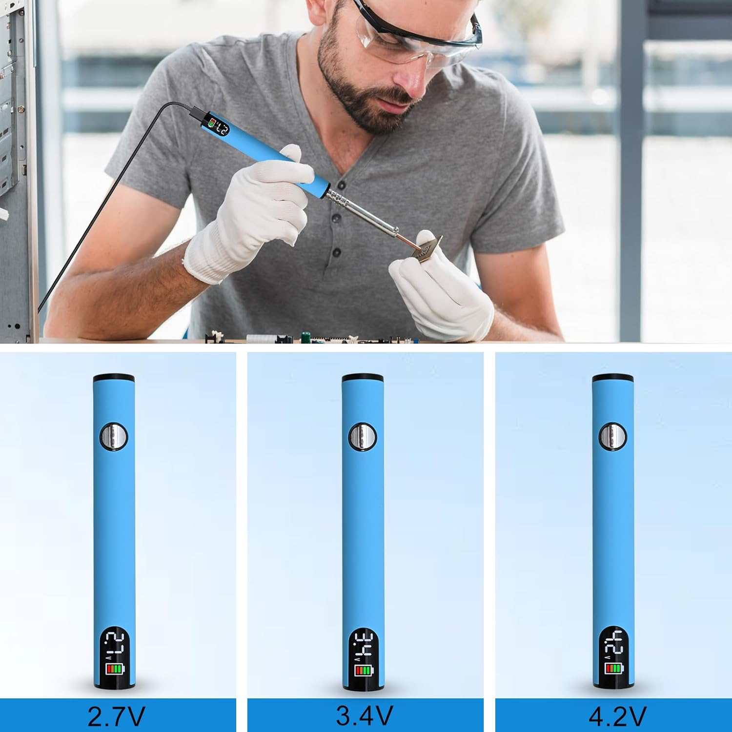 Portable Soldering Iron Cart Pen - USB-C Rechargeable with LED Screen, 510 Thread Universal Connector, 3-Temp Ceramic Heating (200-450°C), 650mAh for Electronics Repair, DIY, & Phone Fix (Blue)