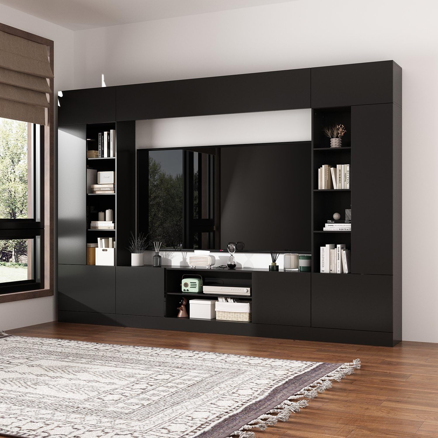 AIEGLE Lighted Entertainment Wall Unit Set with Bridge, Modern TV Stand with 3 Color Light, Up-Flip Doors & Shelves, Large Console Storage Cabinet Set for TVs Up to 70", Black (114.2"Wx11.8"Dx78.7"H)