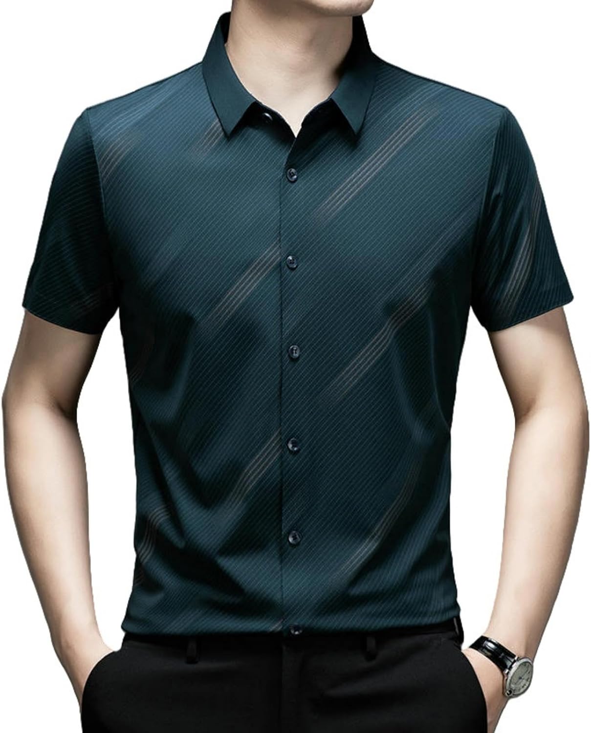 Men's Summer Business Casual Seamless Ice Silk Striped Print Short Sleeve Shirt