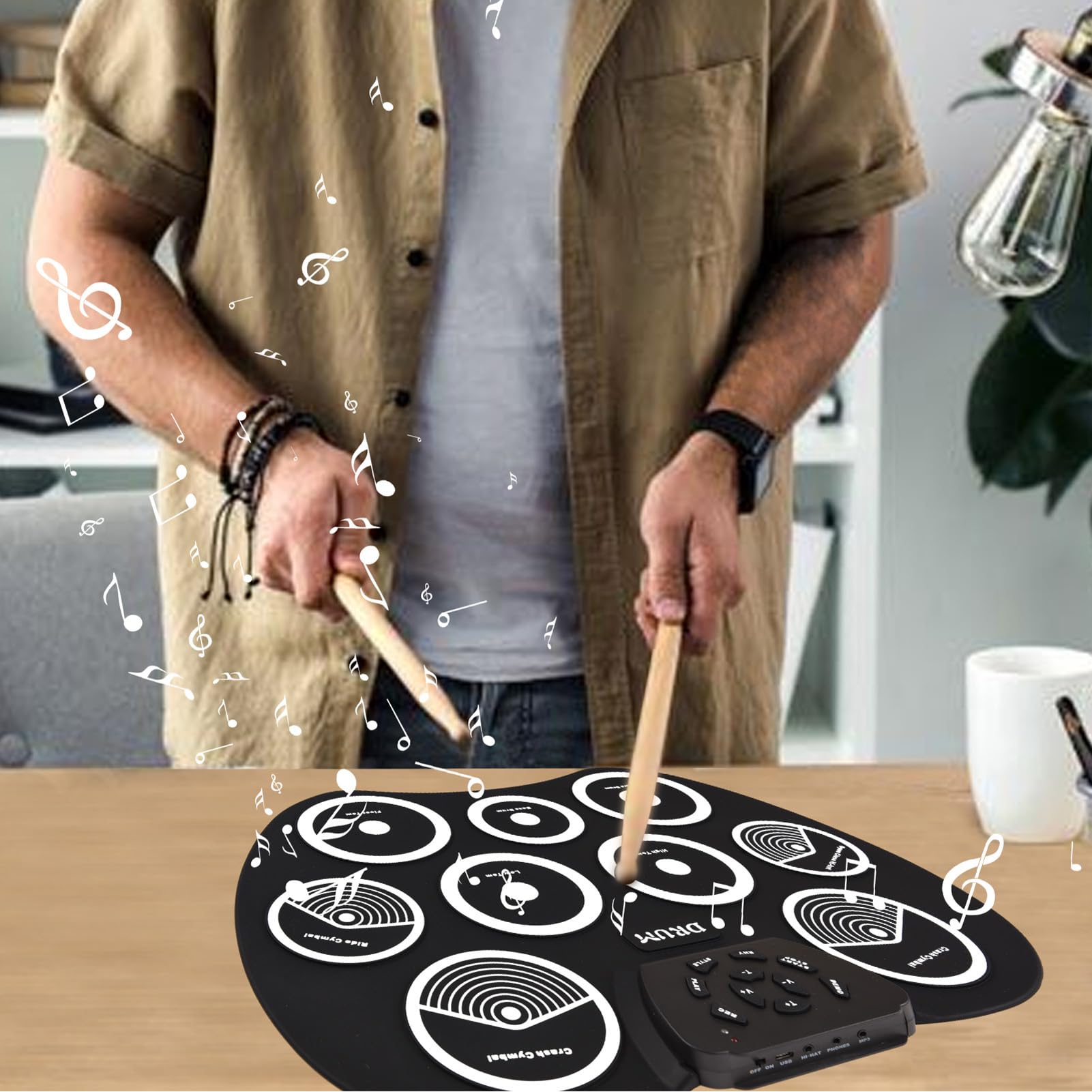 Dilwe Batería Electrónica Portátil, Kit de Práctica Enrollable de 9 Pads con Salida MIDI, Pads Electrónicos Ultrafinos, 2,5 Mm para grabación en casa, viajes y estudio