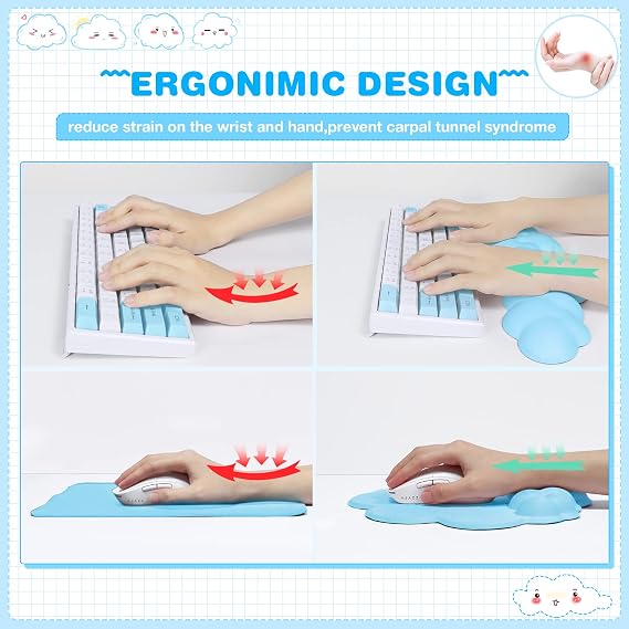 Cloud Keyboard Wrist Rest Mouse Pad Cup Coaster Set, Ergonomic Memory Foam Wrist Support Polyester Mouse Pads with Wrist Rest, PU Leather Non-Slip Base Rest for Computer Laptop Gaming Typing-Sky Blue