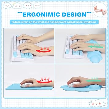 Cloud Keyboard Wrist Rest Mouse Pad Cup Coaster Set, Ergonomic Memory Foam Wrist Support Polyester Mouse Pads with Wrist Rest, PU Leather Non-Slip Base Rest for Computer Laptop Gaming Typing-Sky Blue