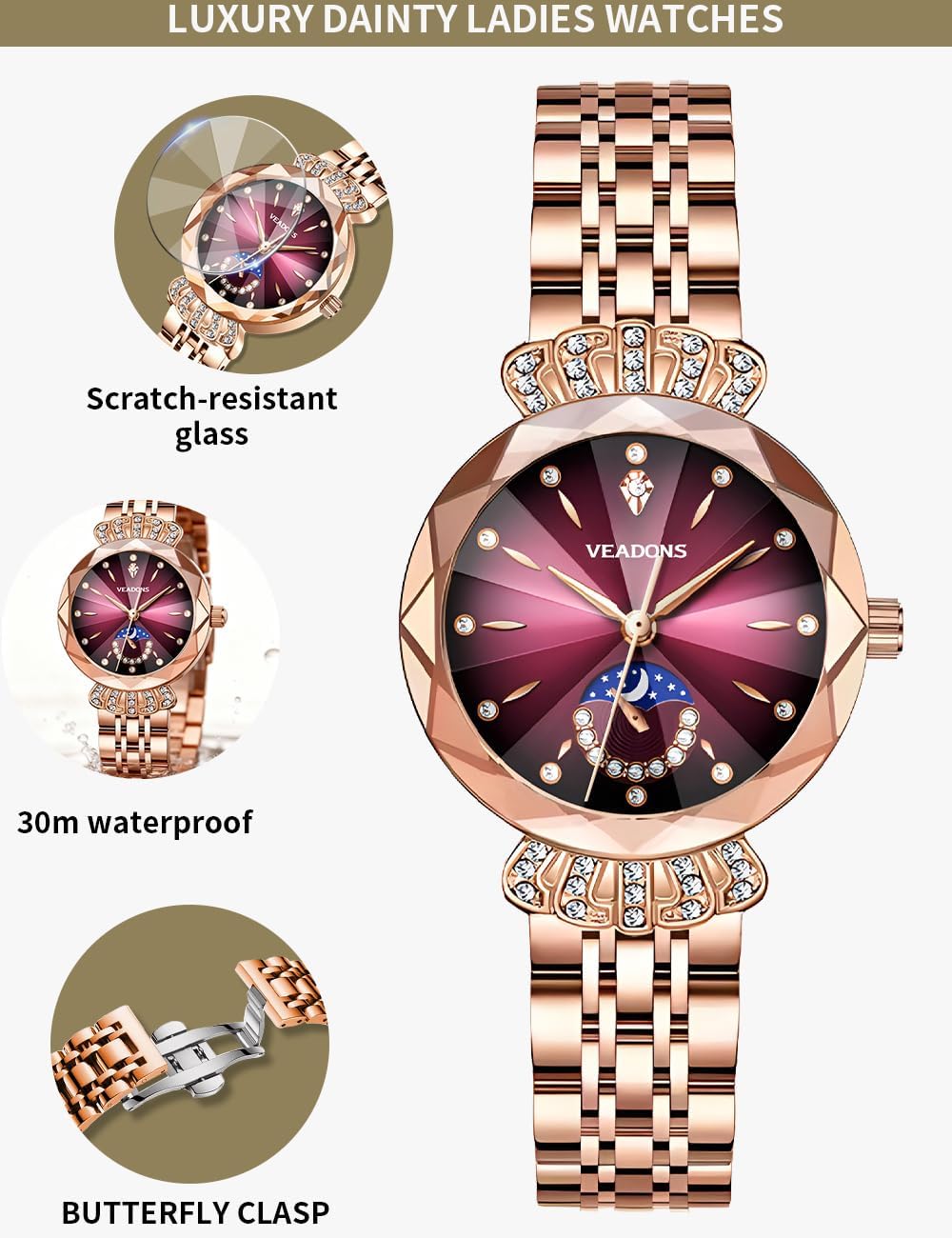 Diamond Watches for Women Luxury Ladies Wrist Watch, Women's Quartz Analog Watch Waterproof Stainless Steel Dress Watch Elegant Jewelry Wristwatch for Woman