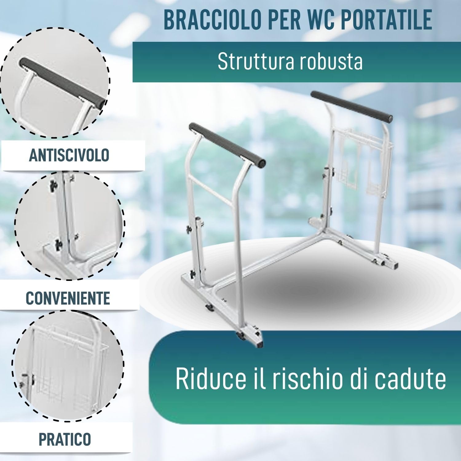 OrtoPrime Ausili per Disabili Bagno - Maniglia per Wc - Braccioli per Wc - Accessori Bagno per Disabili - Supporto Wc per Anziani - Sostegno per Alzarsi dal Letto - Ausili per Anziani Bagno