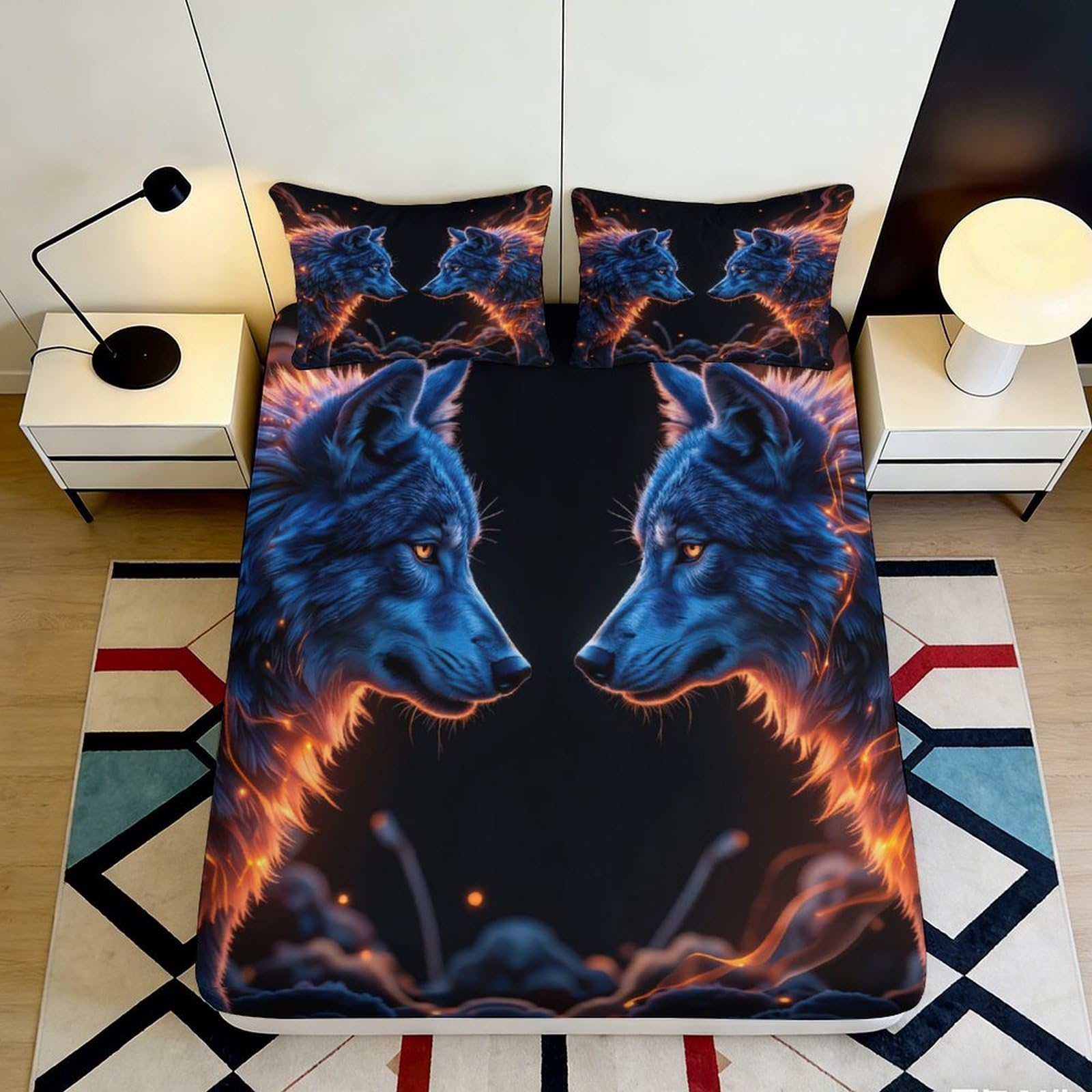 3D Printed Blue Flame Wolf Fitted Sheet Microfiber Soft Mattress Cover for Bedroom Decor Machine Washable 90x200x25cm