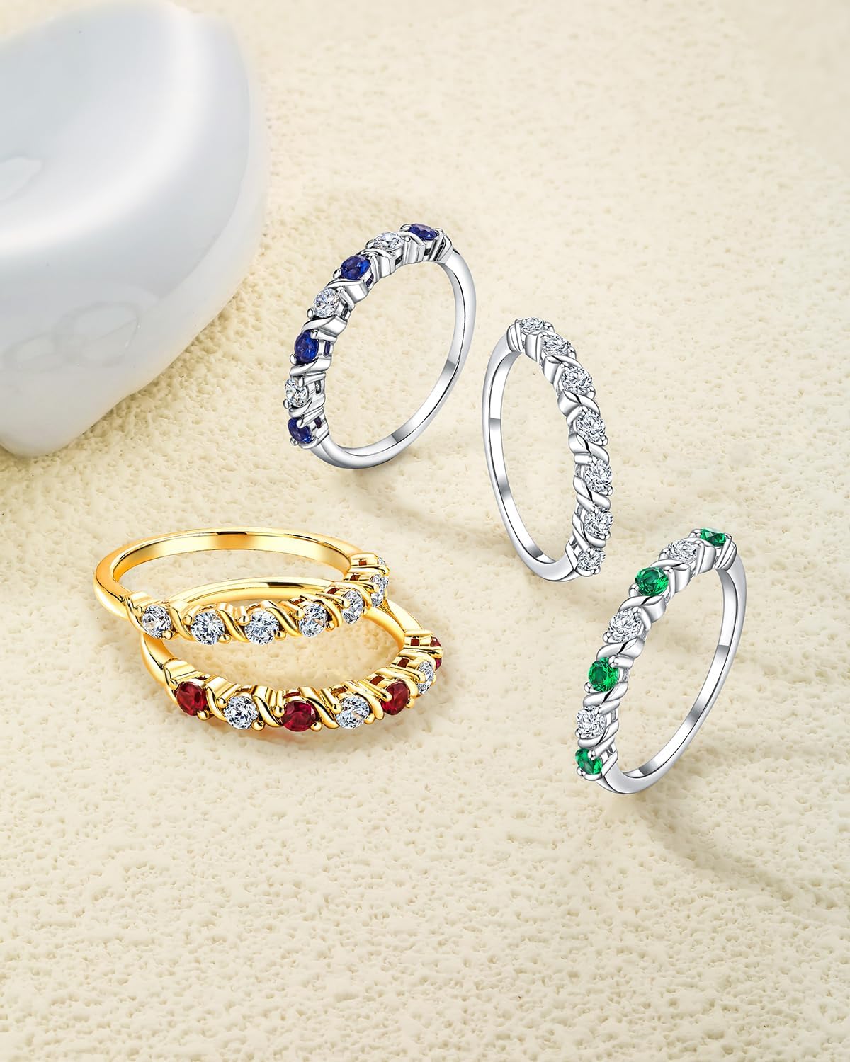 Half Eternity Stackable Rings for Women 14K Gold Plated Cubic Zirconia/Emearld/Ruby/Sapphire 2.5mm Thin Wedding Band Ring for Mom Wife friends