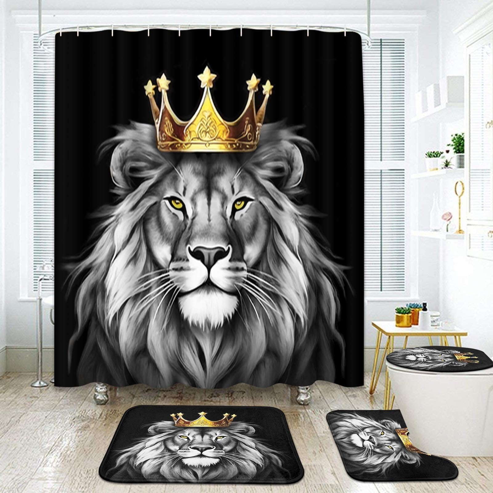 ArtSocket Black Bathroom Set with Shower Curtain and Rugs and Accessories, Gold Grey Lion African American Shower Curtain, Lion Bathroom Decor 4 Pcs