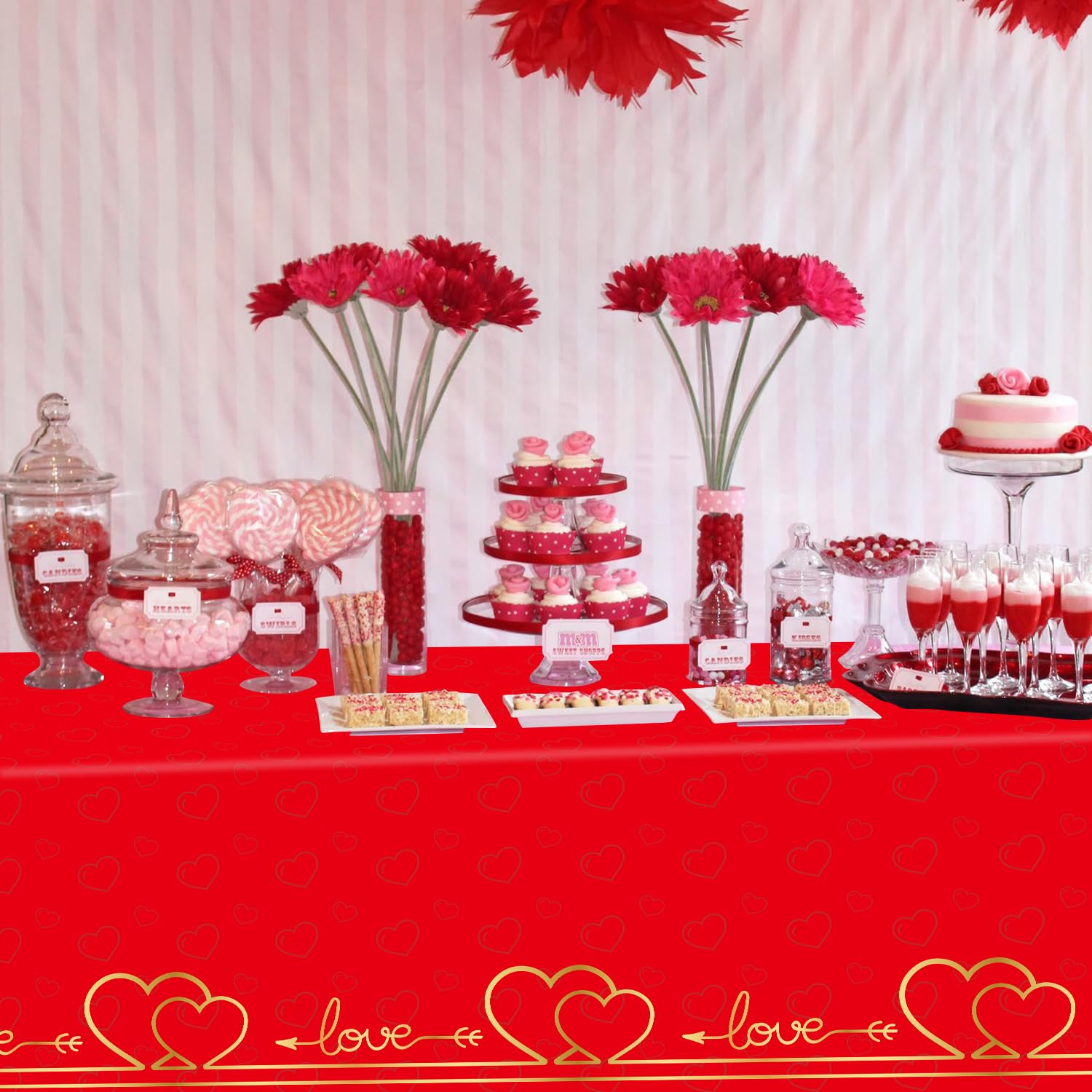Valentinstag Tischdecken Set - 3 Stück, Herz-Muster, Wasserdicht, 137 X 274 Cm - Rot