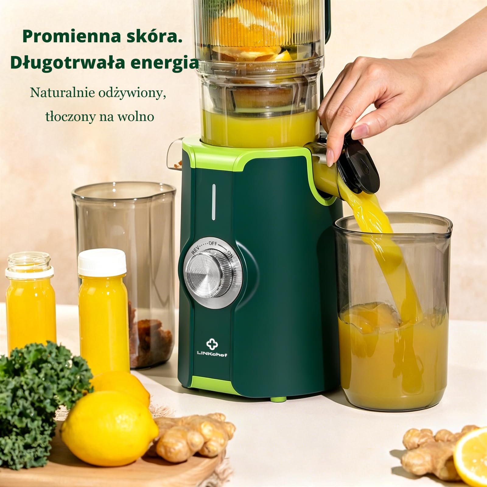 LINKChef Sokowirówka wolnoobrotowa, elektryczna wyciskarka do całych warzyw i owoców, łatwa instalacja, nie zawiera BPA, 115 mm, 200W, Zielony